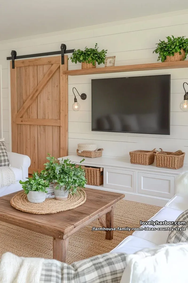 barn door entertainment center flanked by galvanized metal wall sconces 1