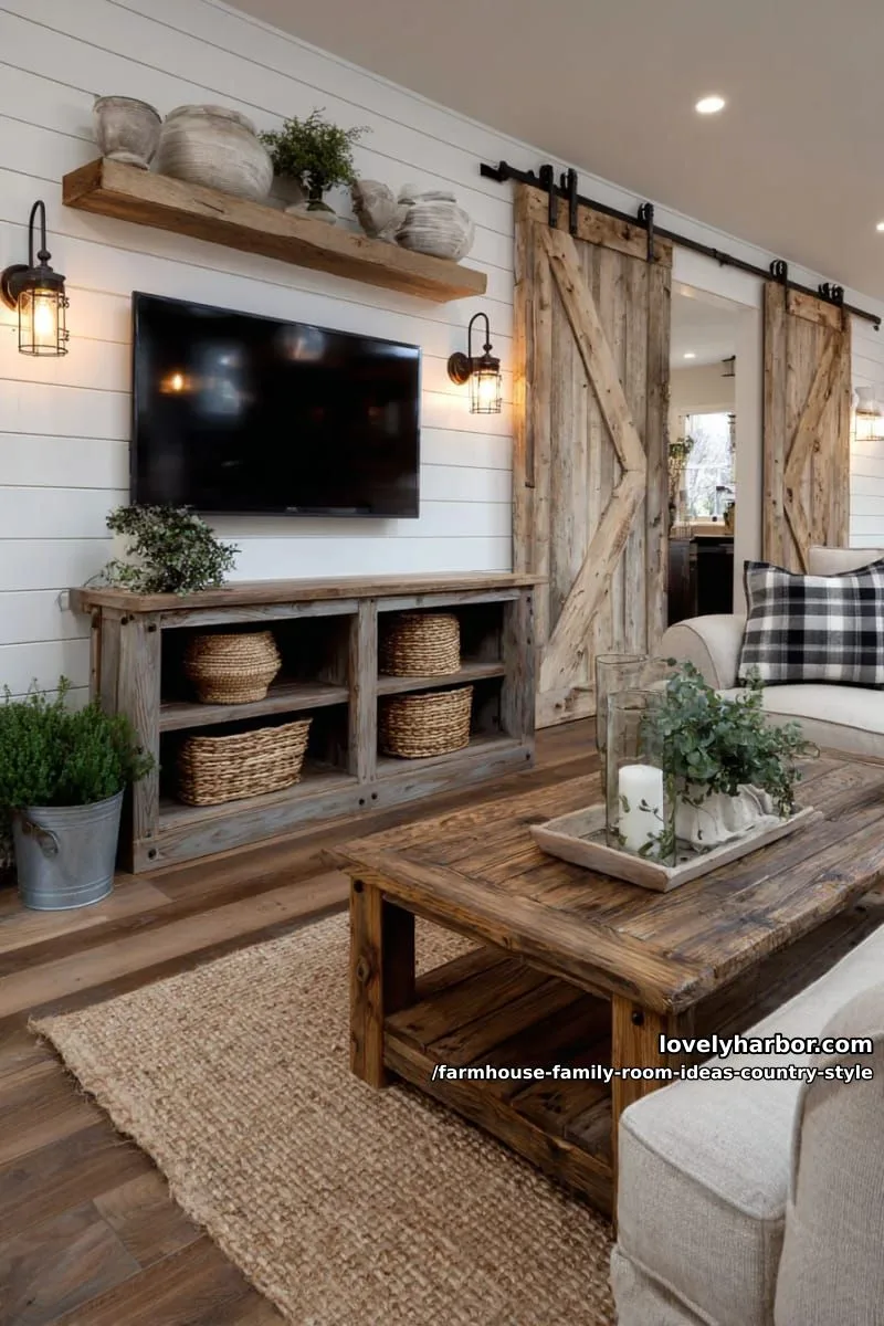 barn door entertainment center flanked by galvanized metal wall sconces 1