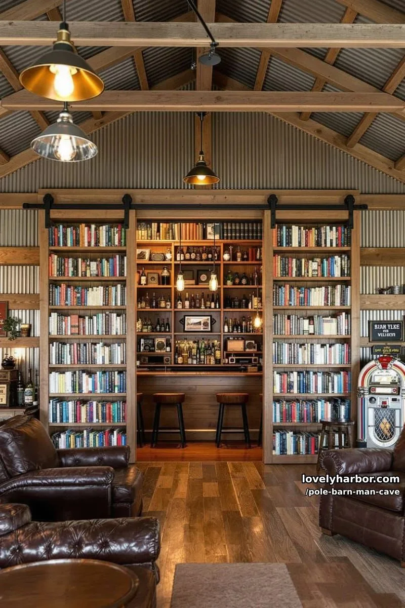 barn-inspired speakeasy with secret hidden entrance behind a sliding bookcase 1