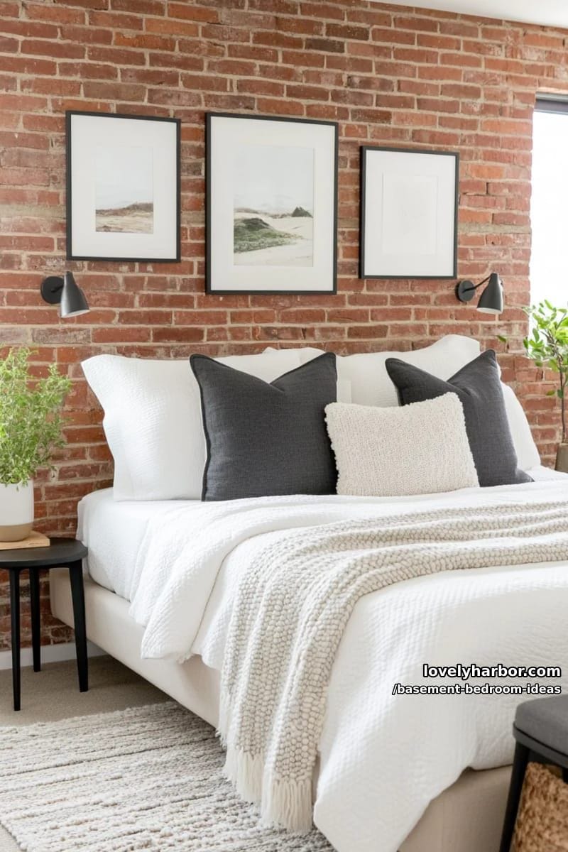 basement bedroom with exposed brick, gallery wall, and modern black fixtures 1