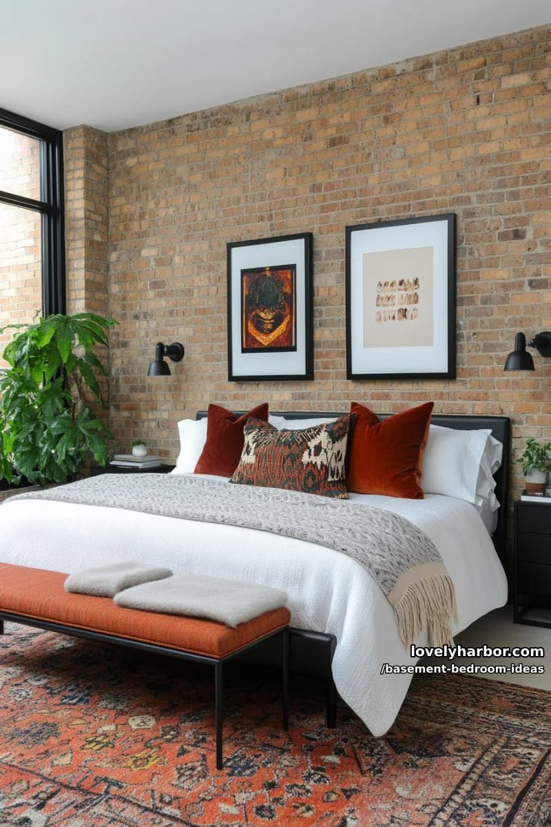 basement bedroom with exposed brick, gallery wall, and modern black fixtures 1