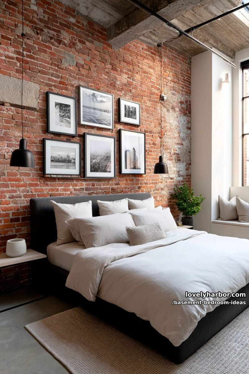 basement bedroom with exposed brick, gallery wall, and modern black fixtures 1