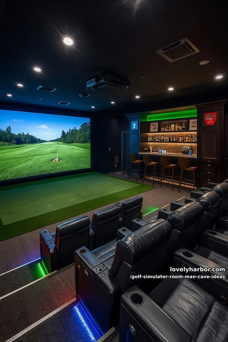 basement golf room with tiered stadium seating for watching tournaments 1