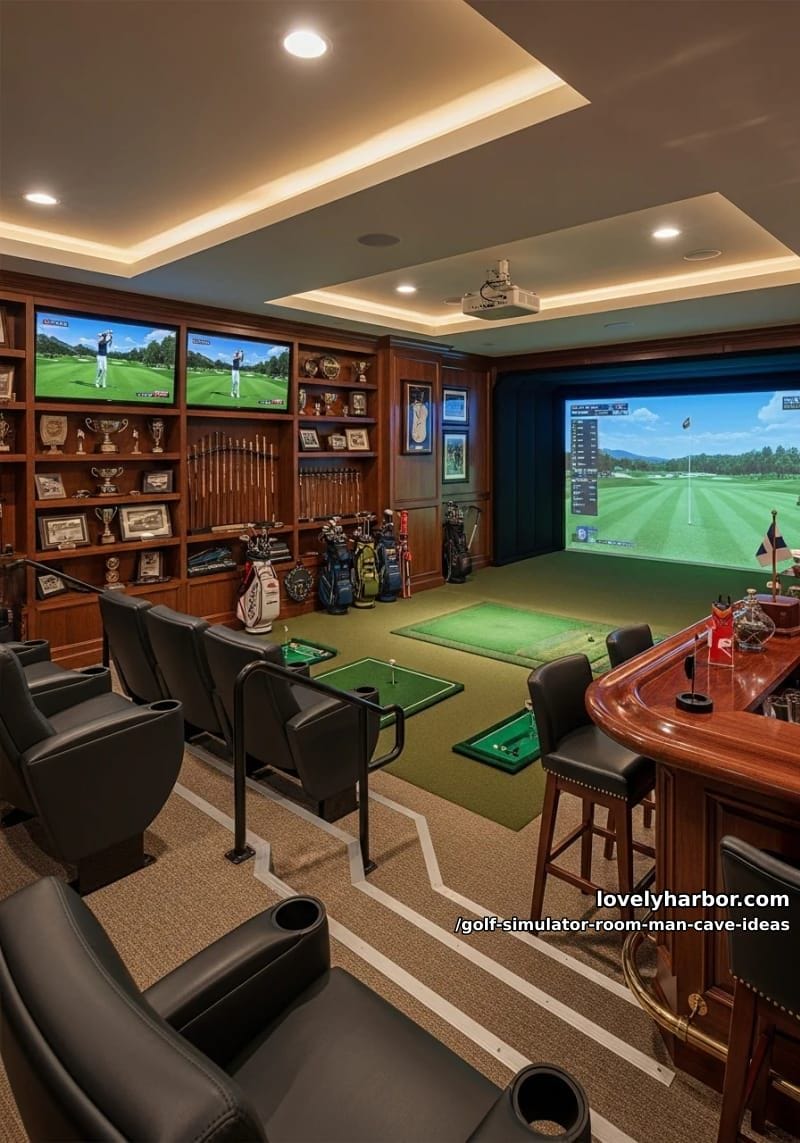 basement golf room with tiered stadium seating for watching tournaments 1