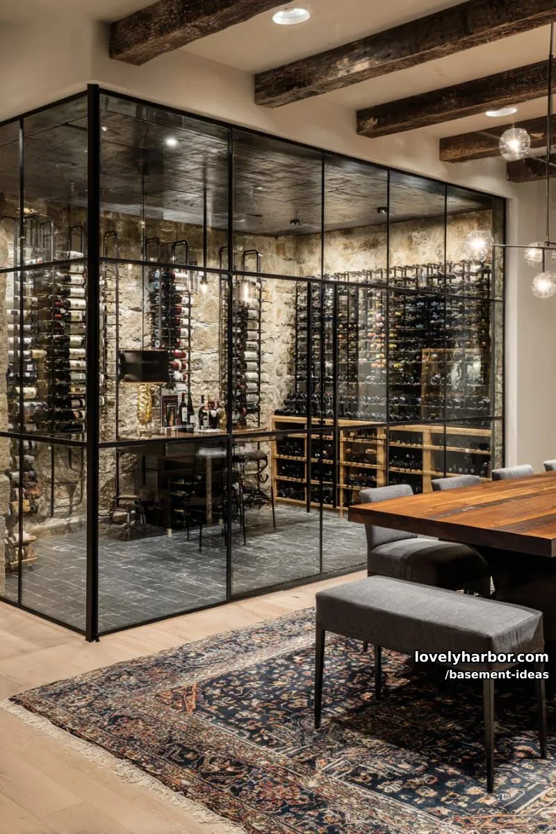 15 Creative Basement Design Ideas with Wow Factor 17 basement wine cellar with glass enclosure and custom oak wine racks. 1