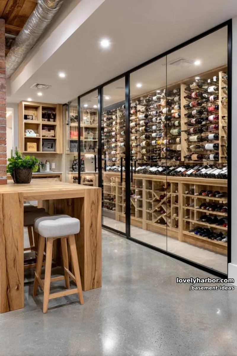 15 Creative Basement Design Ideas with Wow Factor 18 basement wine cellar with glass enclosure and custom oak wine racks. 1