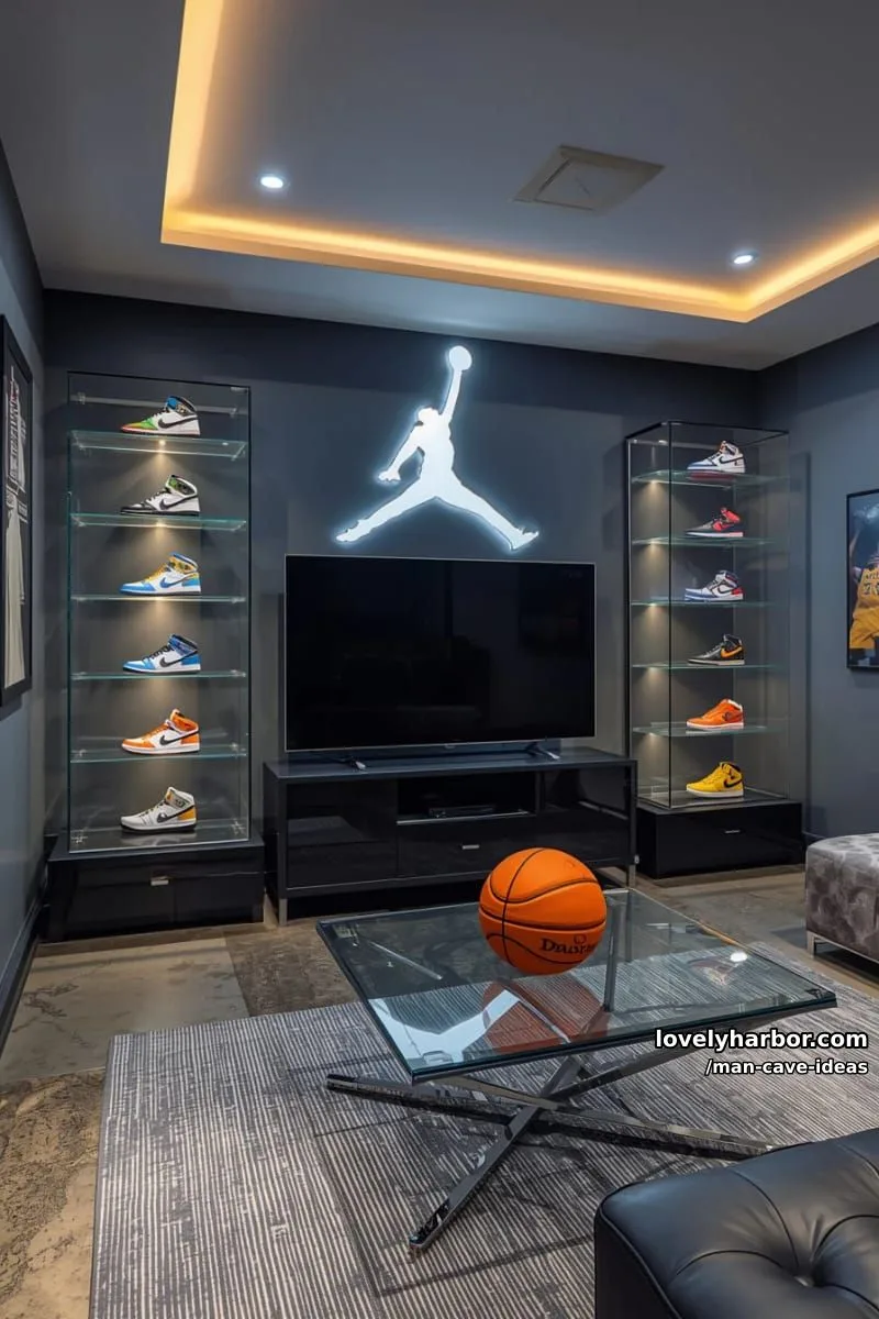 15 Classy Man Cave Ideas to Personalize Your Space 36 basketball-inspired space with sneaker display shelves and illuminated jordan logo wall 1