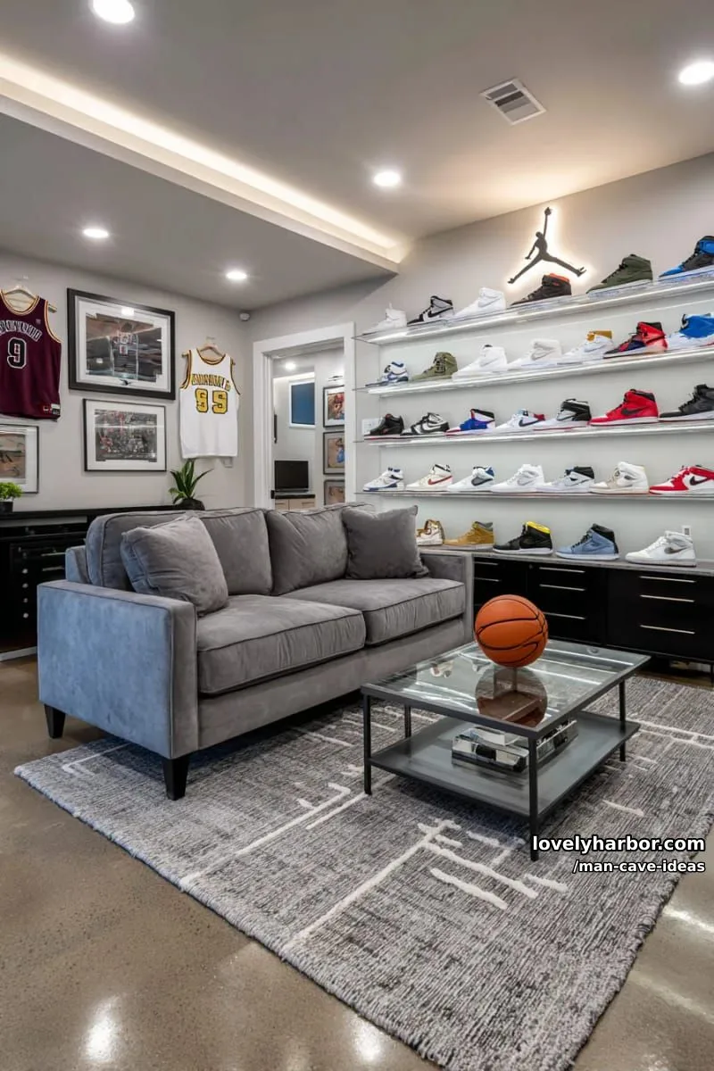 15 Classy Man Cave Ideas to Personalize Your Space 37 basketball-inspired space with sneaker display shelves and illuminated jordan logo wall 1