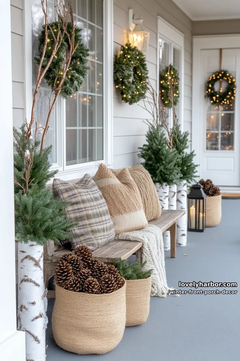 birch branch planters with pine cones and twinkling fairy lights 1