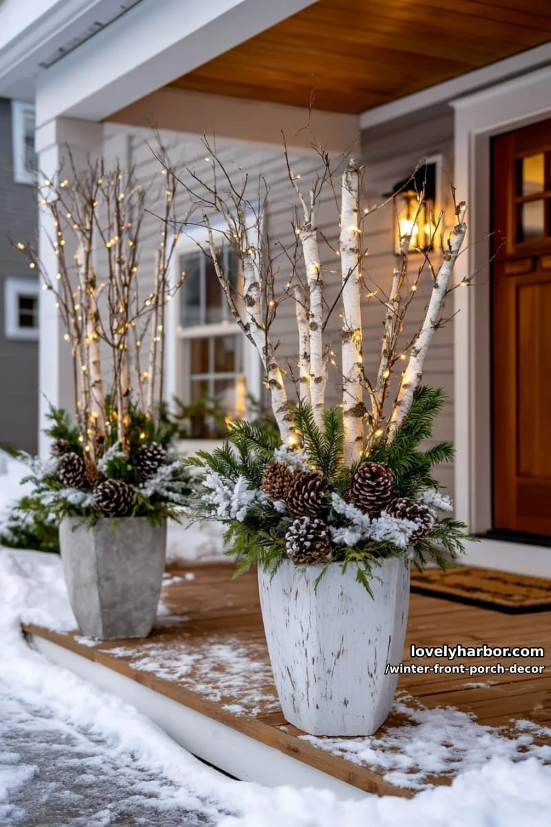 birch branch planters with pine cones and twinkling fairy lights 1