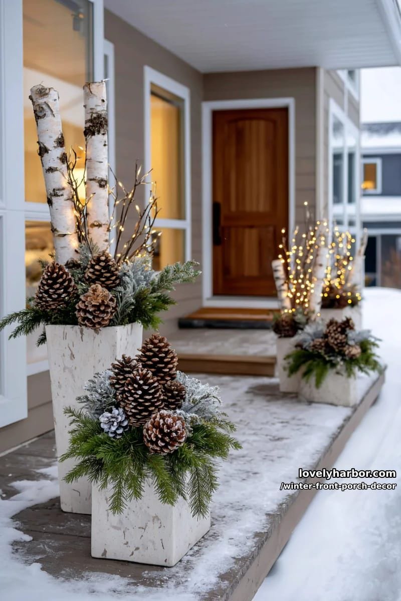 birch branch planters with pine cones and twinkling fairy lights 1