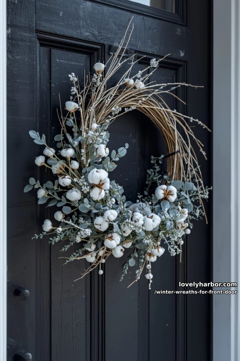 birch twig circle with cotton flowers and frosted greenery 1