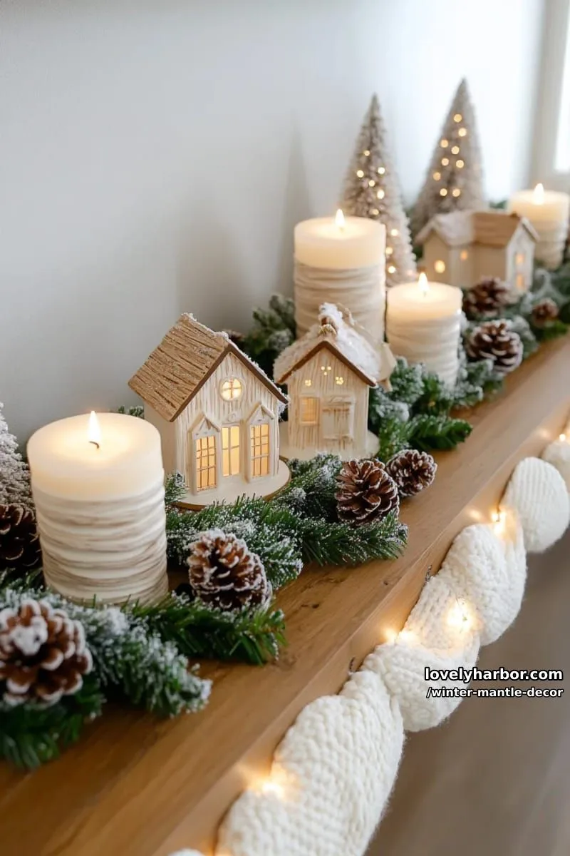 15 Stylish Winter Mantel Looks to Elevate Your Home 2 birch-wrapped candles with snowy white miniature houses and shimmering fairy lights. 1