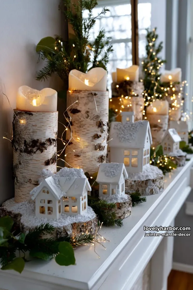 15 Stylish Winter Mantel Looks to Elevate Your Home 3 birch-wrapped candles with snowy white miniature houses and shimmering fairy lights. 1