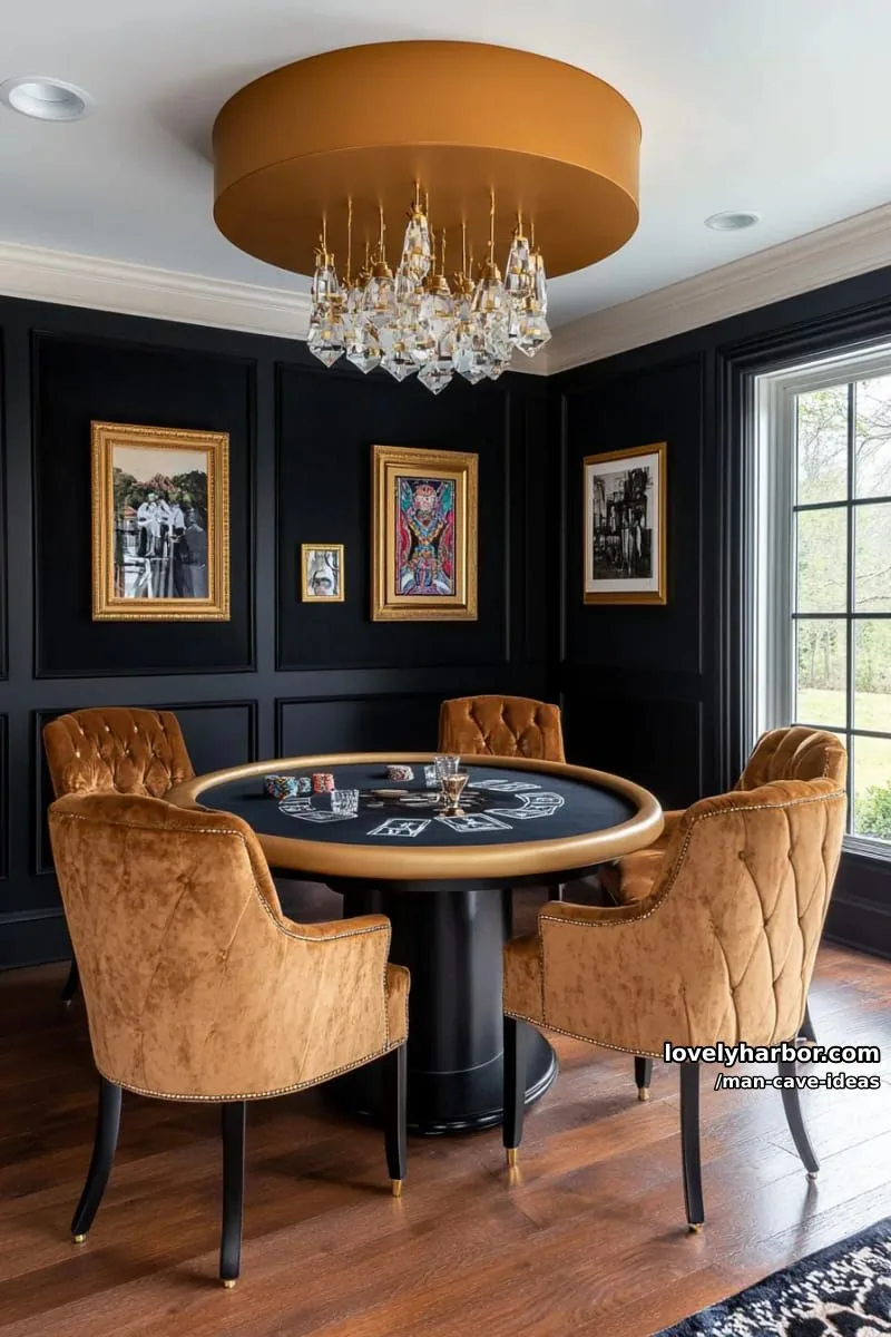 15 Classy Man Cave Ideas to Personalize Your Space 10 black-and-gold poker room with velvet seating and moody lighting fixtures 1