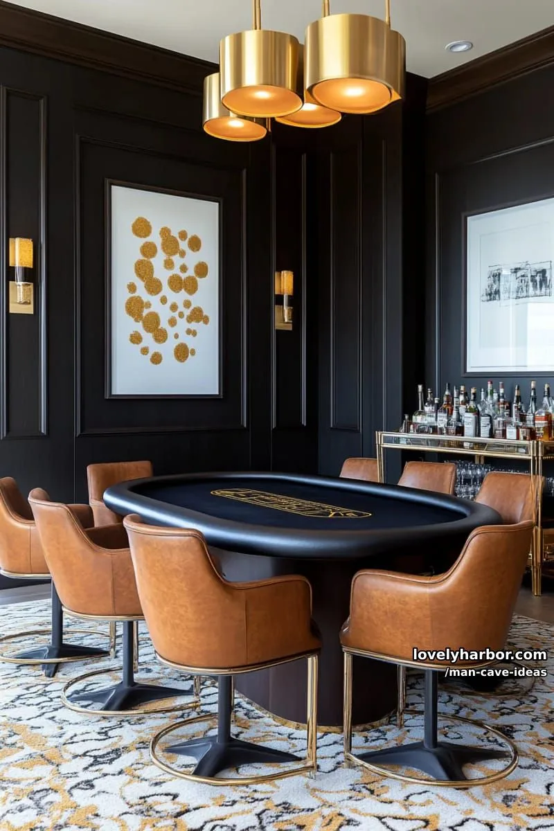 15 Classy Man Cave Ideas to Personalize Your Space 11 black-and-gold poker room with velvet seating and moody lighting fixtures 1
