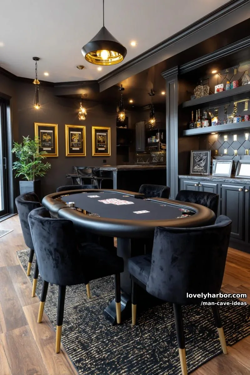15 Classy Man Cave Ideas to Personalize Your Space 12 black-and-gold poker room with velvet seating and moody lighting fixtures 1
