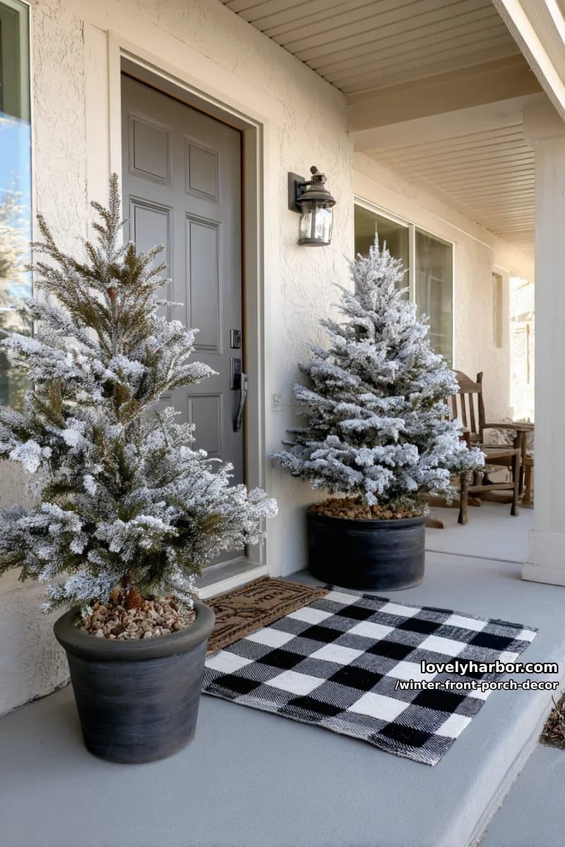 black and white checkered rug with frosted potted cedar trees 1