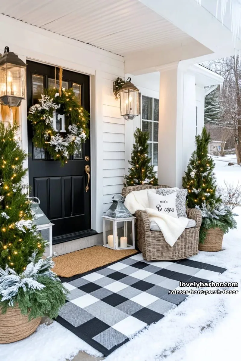 black and white checkered rug with frosted potted cedar trees 1