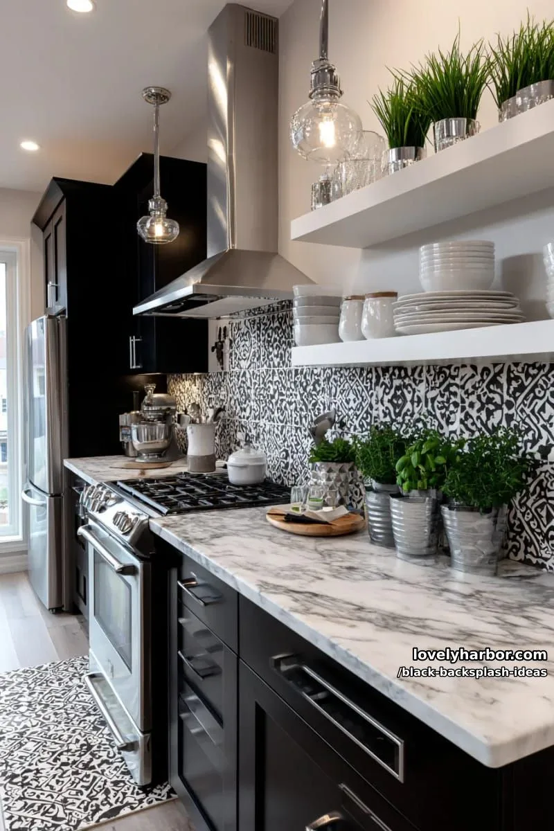 black and white patterned encaustic tiles for a bold graphic kitchen look 1