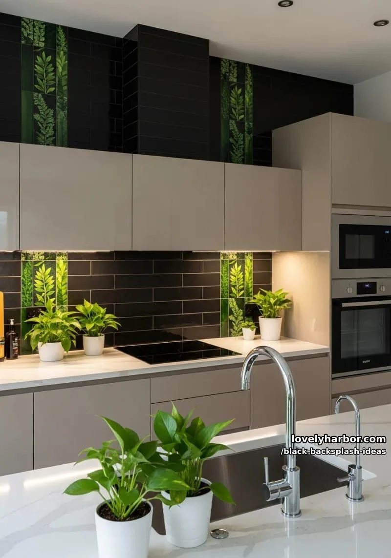 black backsplash with botanical green tile accents for a touch of nature 1