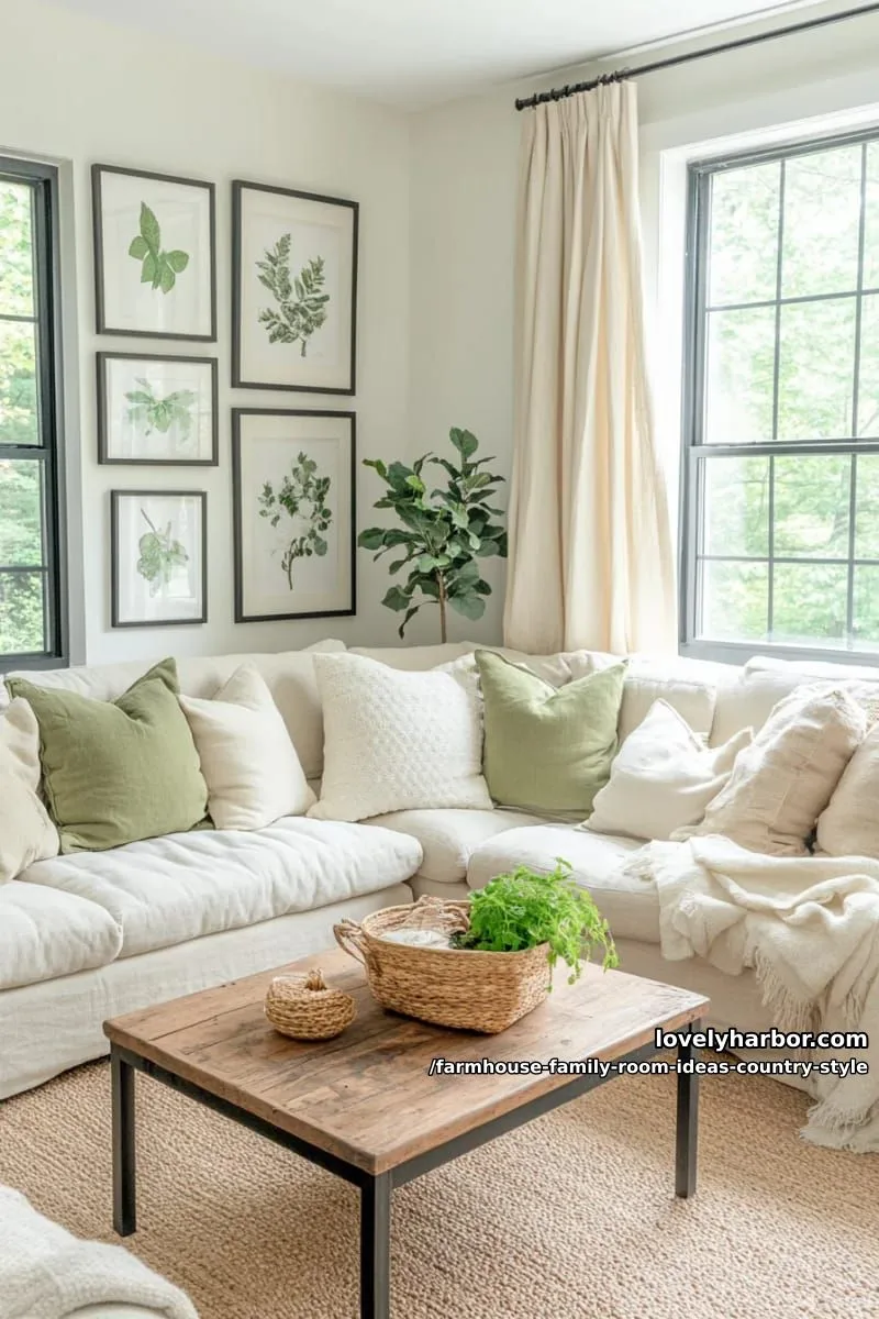 black-framed windows with natural linen curtains and farmhouse-style botanical prints 1