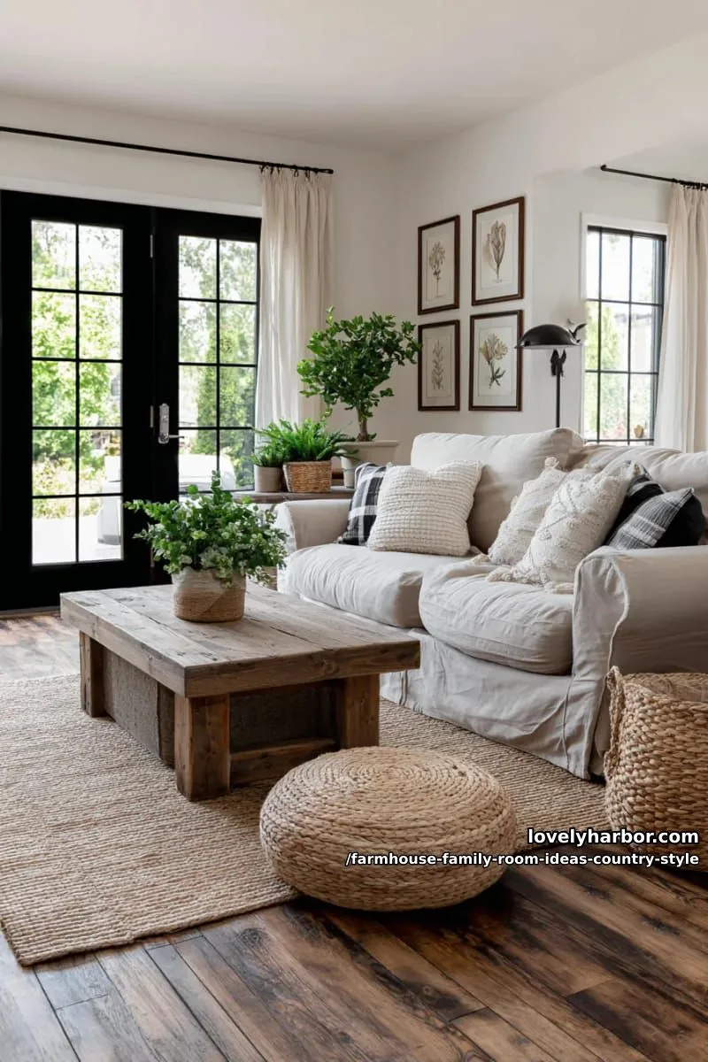 black-framed windows with natural linen curtains and farmhouse-style botanical prints 1