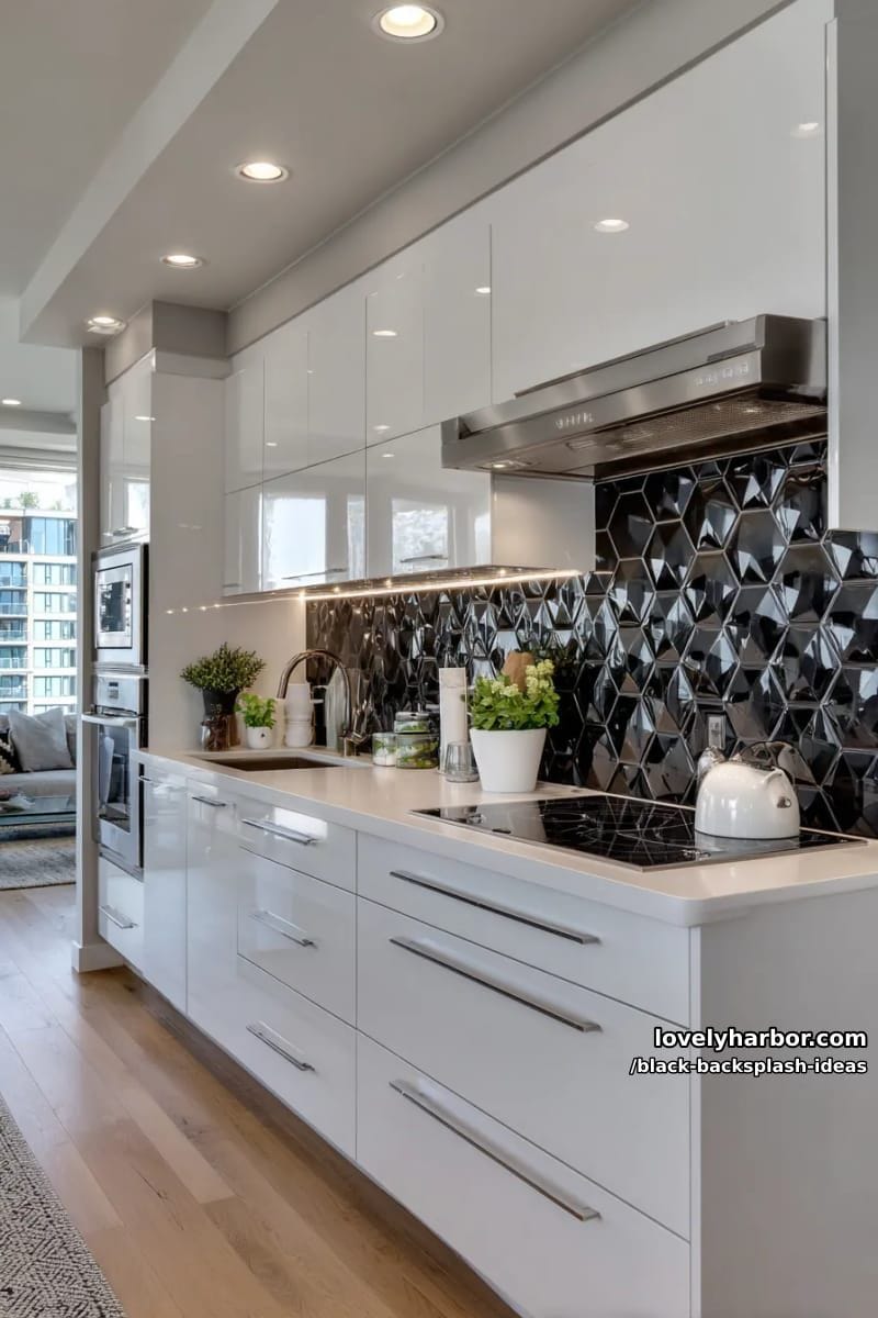 15 Black Backsplash Design Ideas for a Stylish Kitchen 17 black geometric 3d tiles paired with all-white cabinets and hidden lighting 1