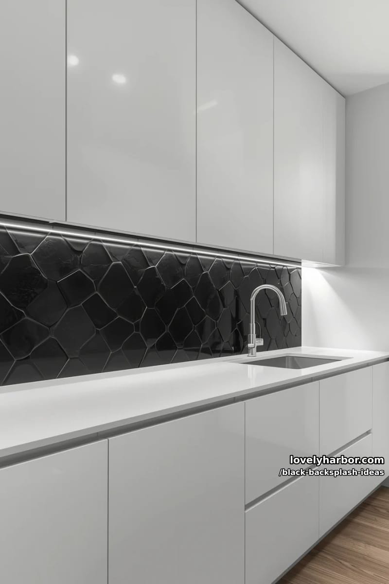 15 Black Backsplash Design Ideas for a Stylish Kitchen 18 black geometric 3d tiles paired with all-white cabinets and hidden lighting 1