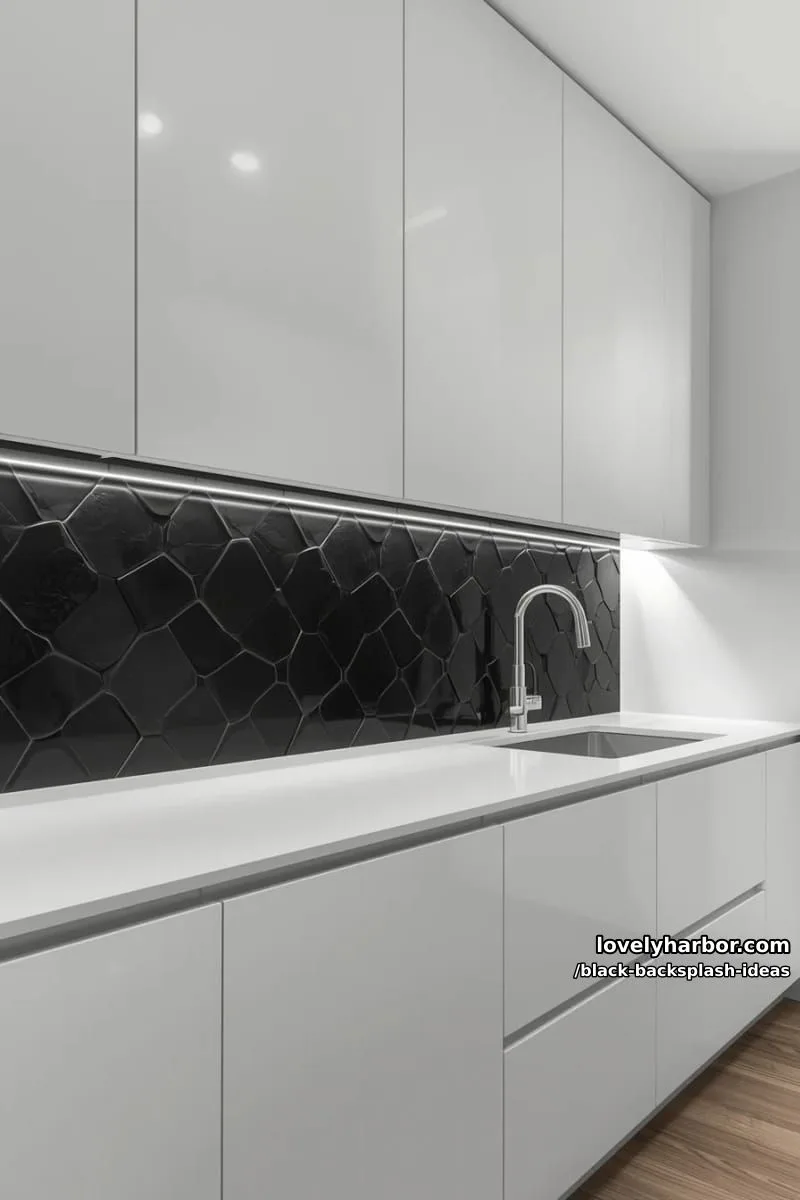 black geometric 3d tiles paired with all-white cabinets and hidden lighting 1