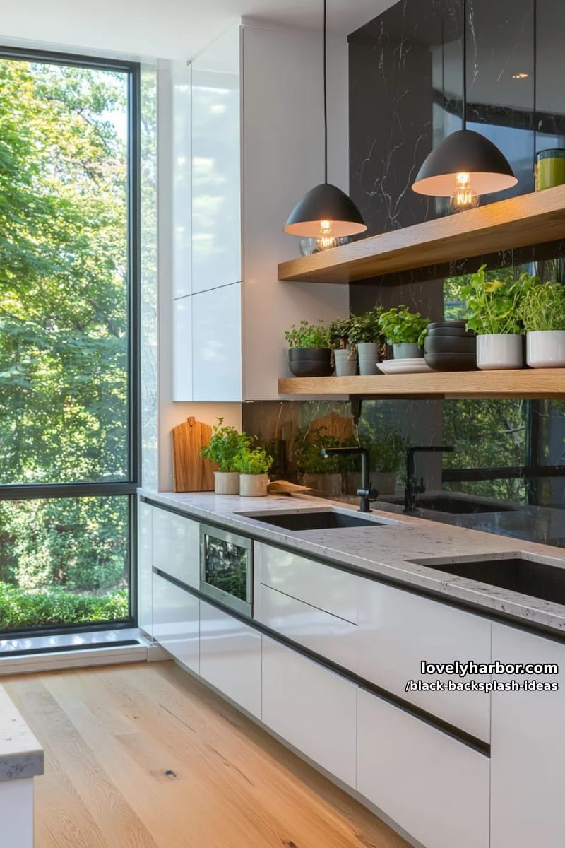 15 Black Backsplash Design Ideas for a Stylish Kitchen 19 black glass backsplash reflecting light for a moody yet bright kitchen feel 1