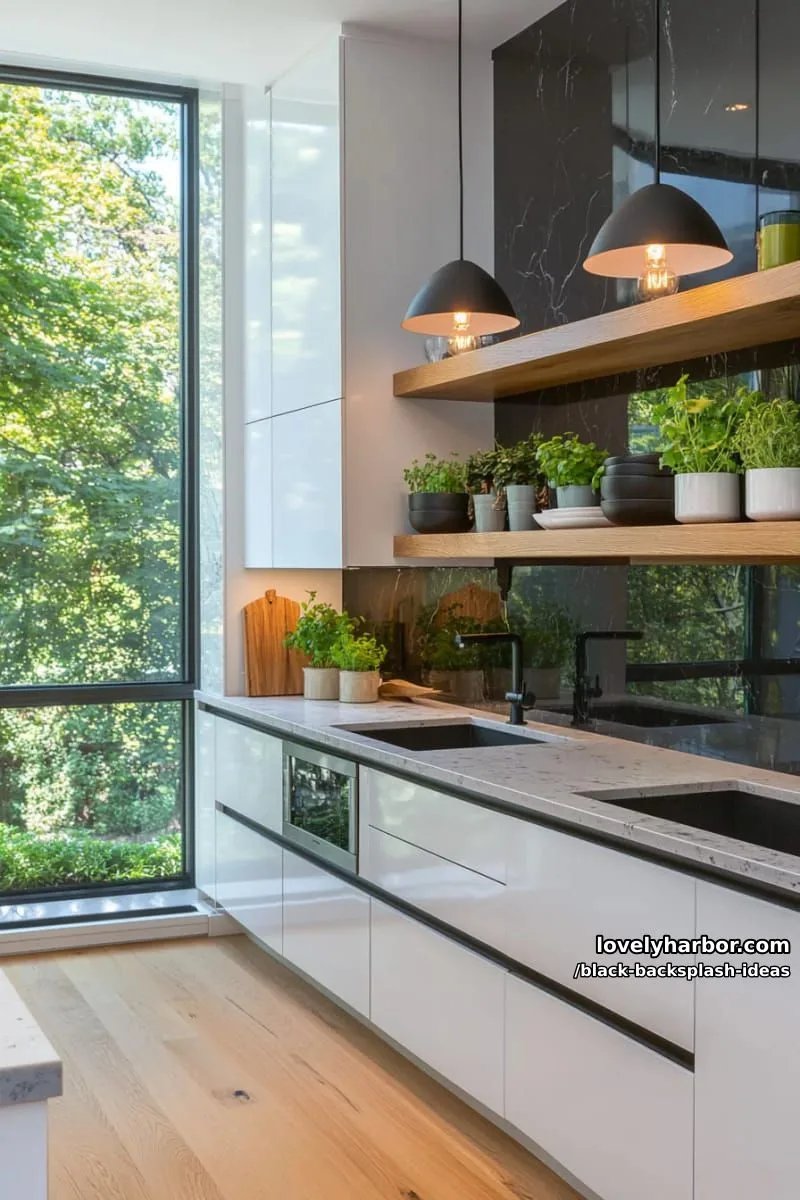 black glass backsplash reflecting light for a moody yet bright kitchen feel 1