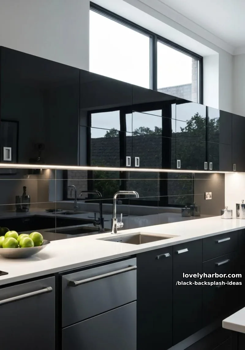black glass backsplash reflecting light for a moody yet bright kitchen feel 1