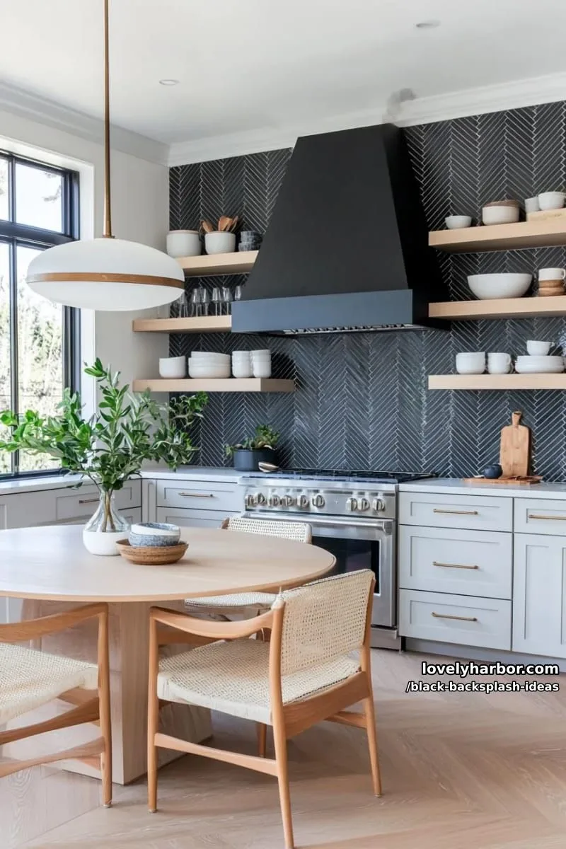 black herringbone tiles complemented by warm wood open shelving above 1