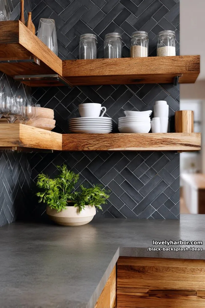 black herringbone tiles complemented by warm wood open shelving above 1