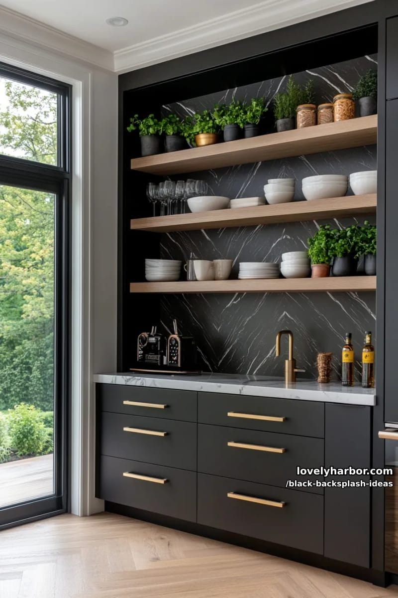 15 Black Backsplash Design Ideas for a Stylish Kitchen 9 black marble slab backsplash with dramatic white veining and integrated shelf 1