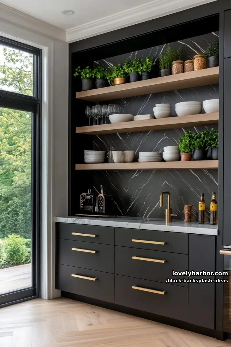 black marble slab backsplash with dramatic white veining and integrated shelf 1
