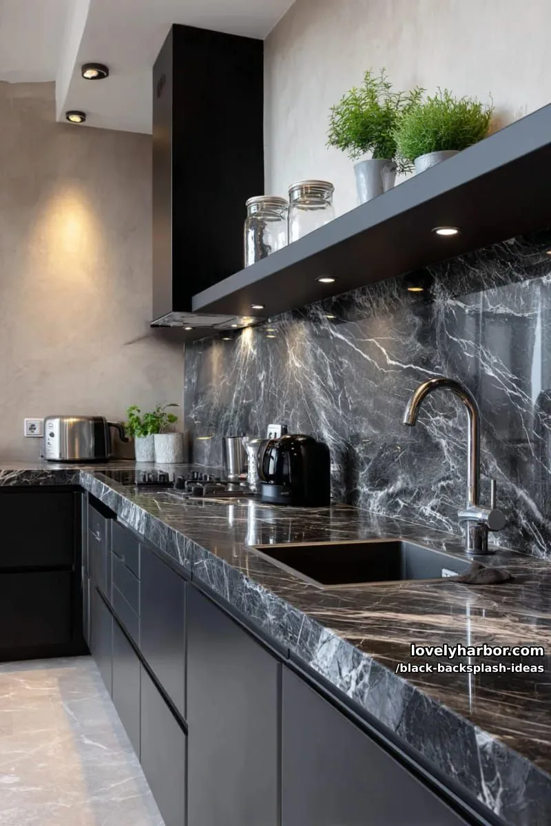 black marble slab backsplash with dramatic white veining and integrated shelf 1