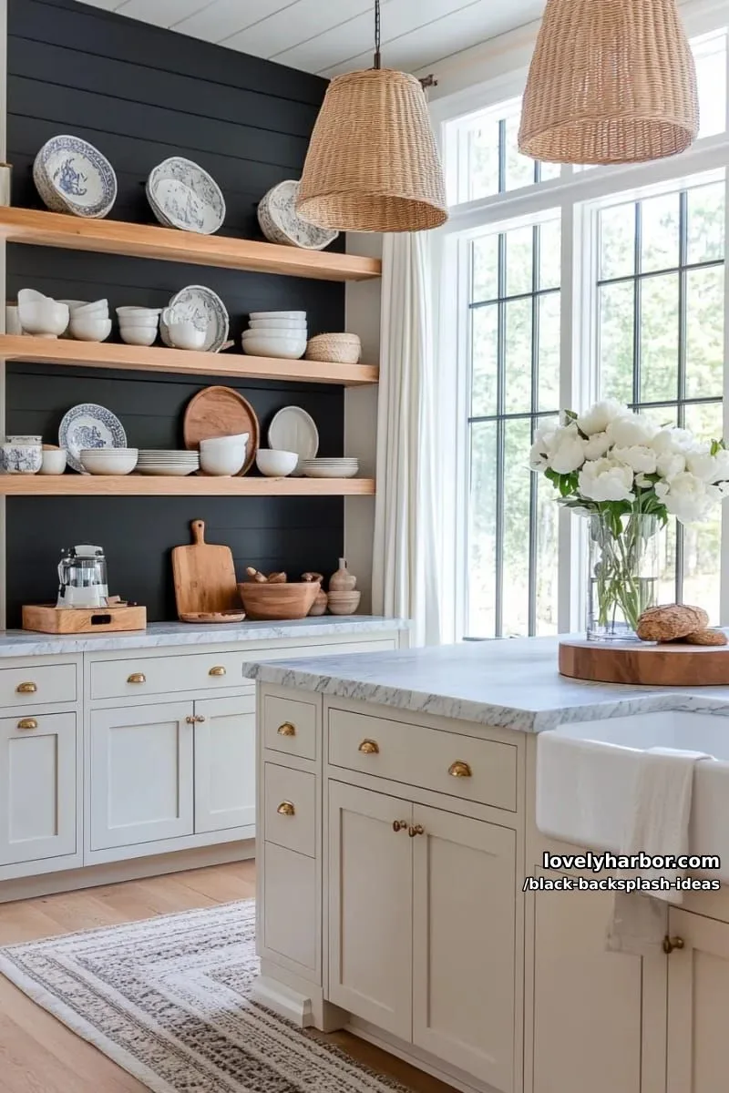 black shiplap backsplash contrasted with marble countertops for rustic-luxe appeal 1