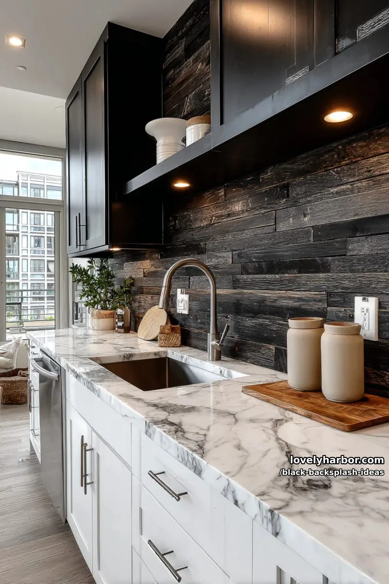 black shiplap backsplash contrasted with marble countertops for rustic-luxe appeal 1