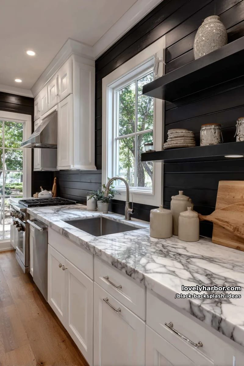 15 Black Backsplash Design Ideas for a Stylish Kitchen 34 black shiplap backsplash contrasted with marble countertops for rustic-luxe appeal 1