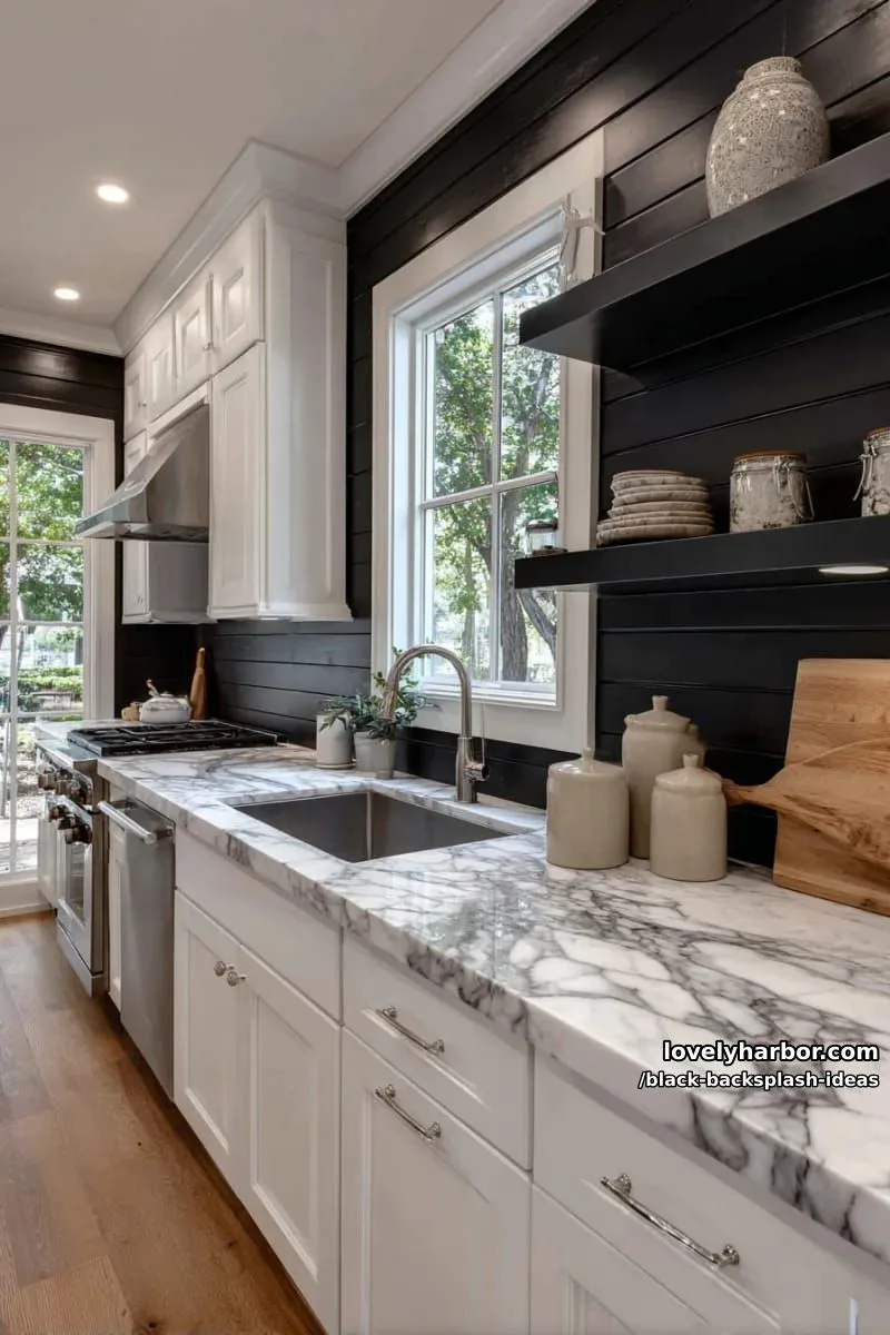 black shiplap backsplash contrasted with marble countertops for rustic-luxe appeal 1