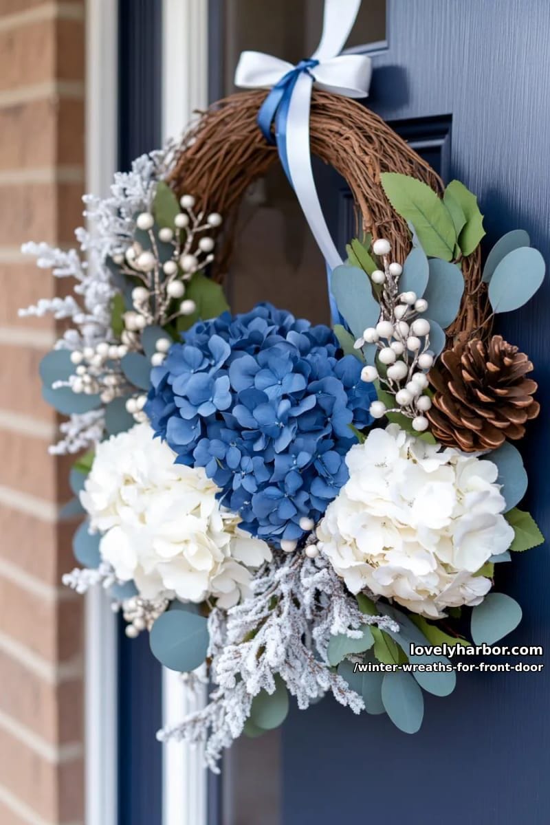 blue and white winter floral wreath with icy crystal stems 1