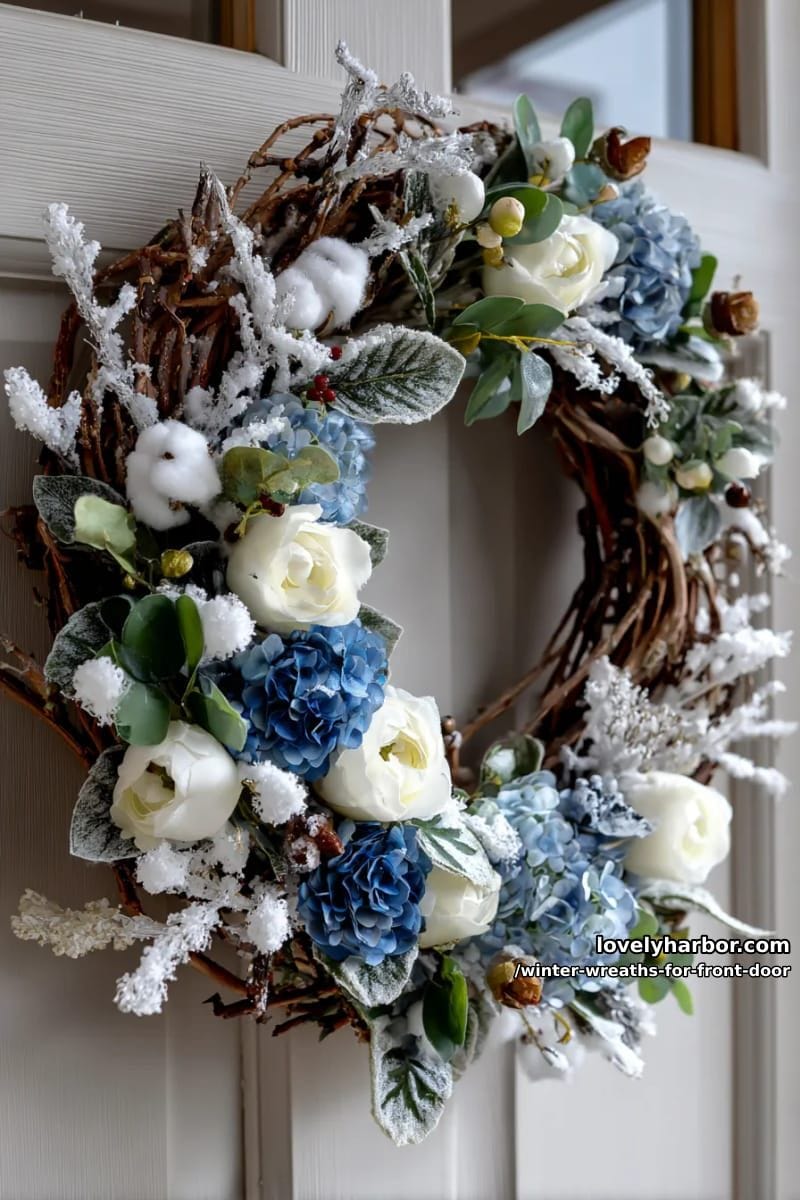 blue and white winter floral wreath with icy crystal stems 1