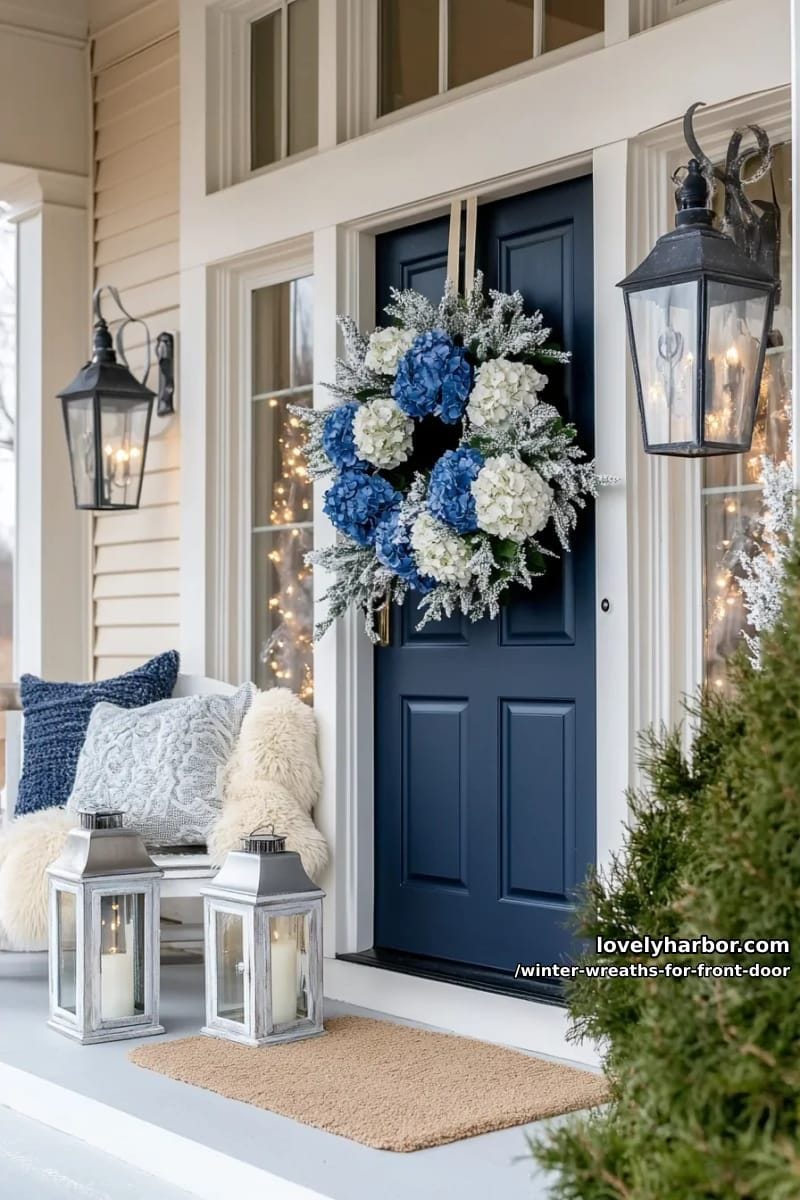 blue and white winter floral wreath with icy crystal stems 1