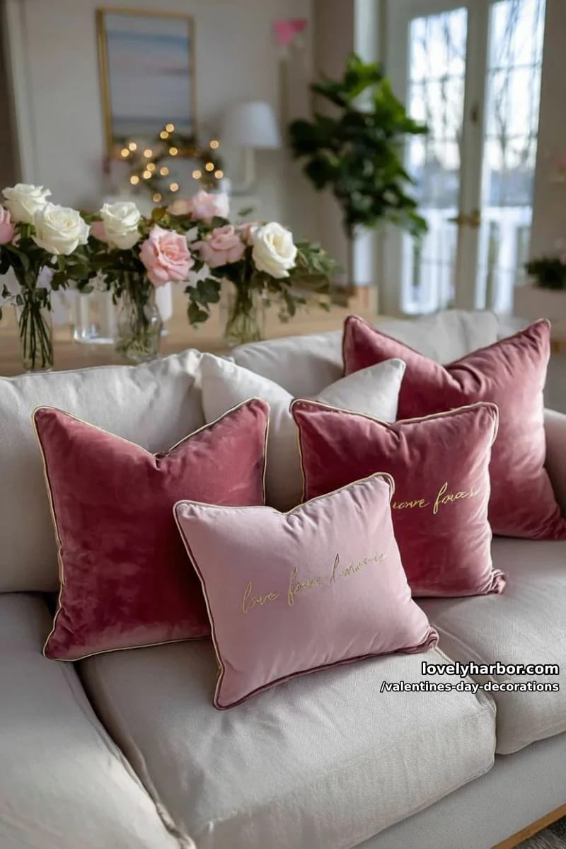 blush velvet throw pillows with stitched love quotes 1