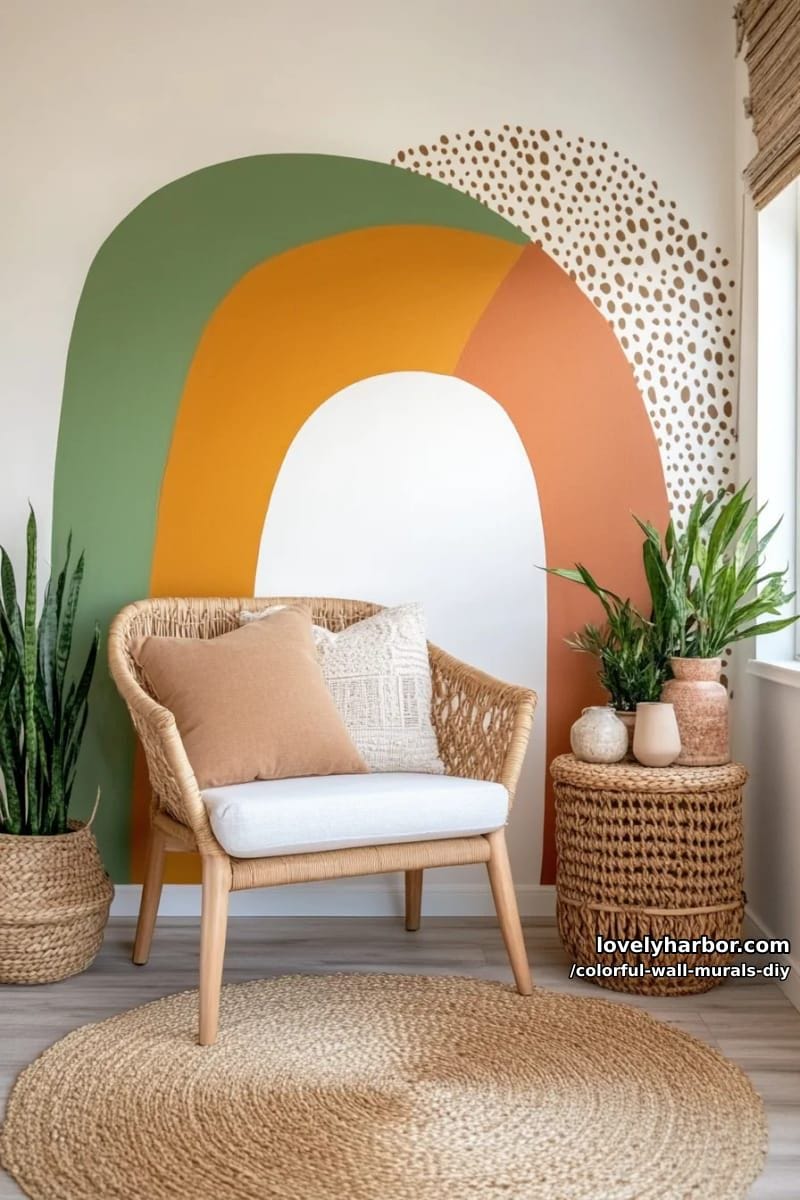 boho arch mural with muted earth tones and hand-drawn patterns 1
