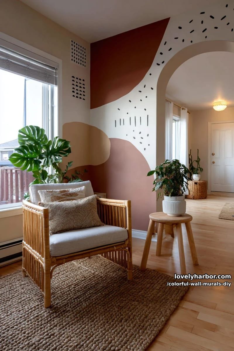 boho arch mural with muted earth tones and hand-drawn patterns 1