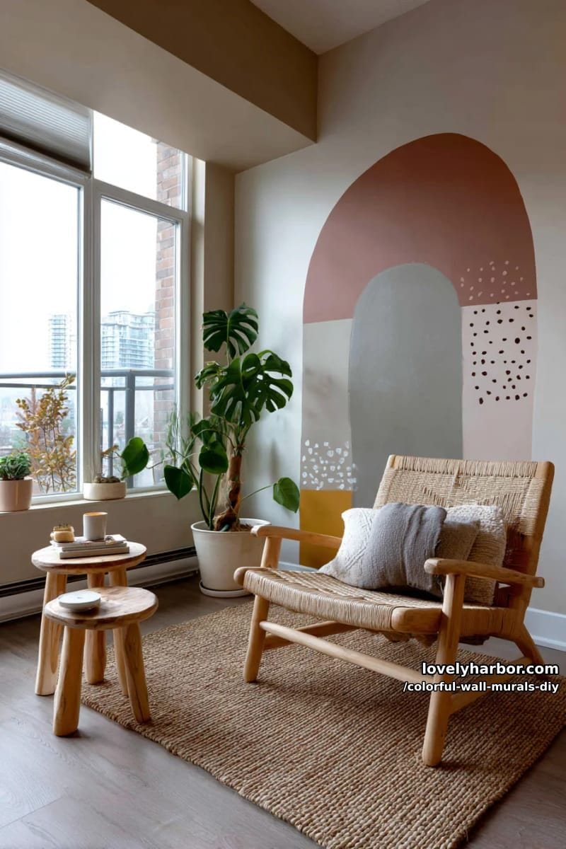 boho arch mural with muted earth tones and hand-drawn patterns 1