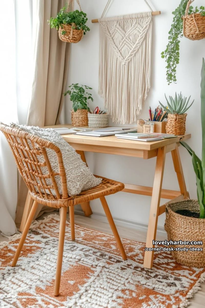 boho corner study with rattan chair, woven baskets, and macrame wall hanging 1